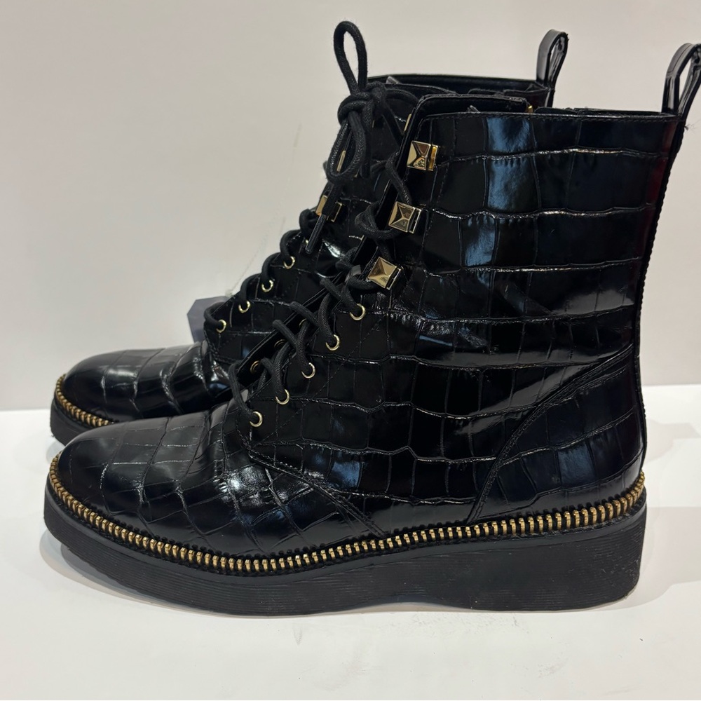Michael Kors Black Haskell crocodile Croc-Embossed Combat Boots size 10